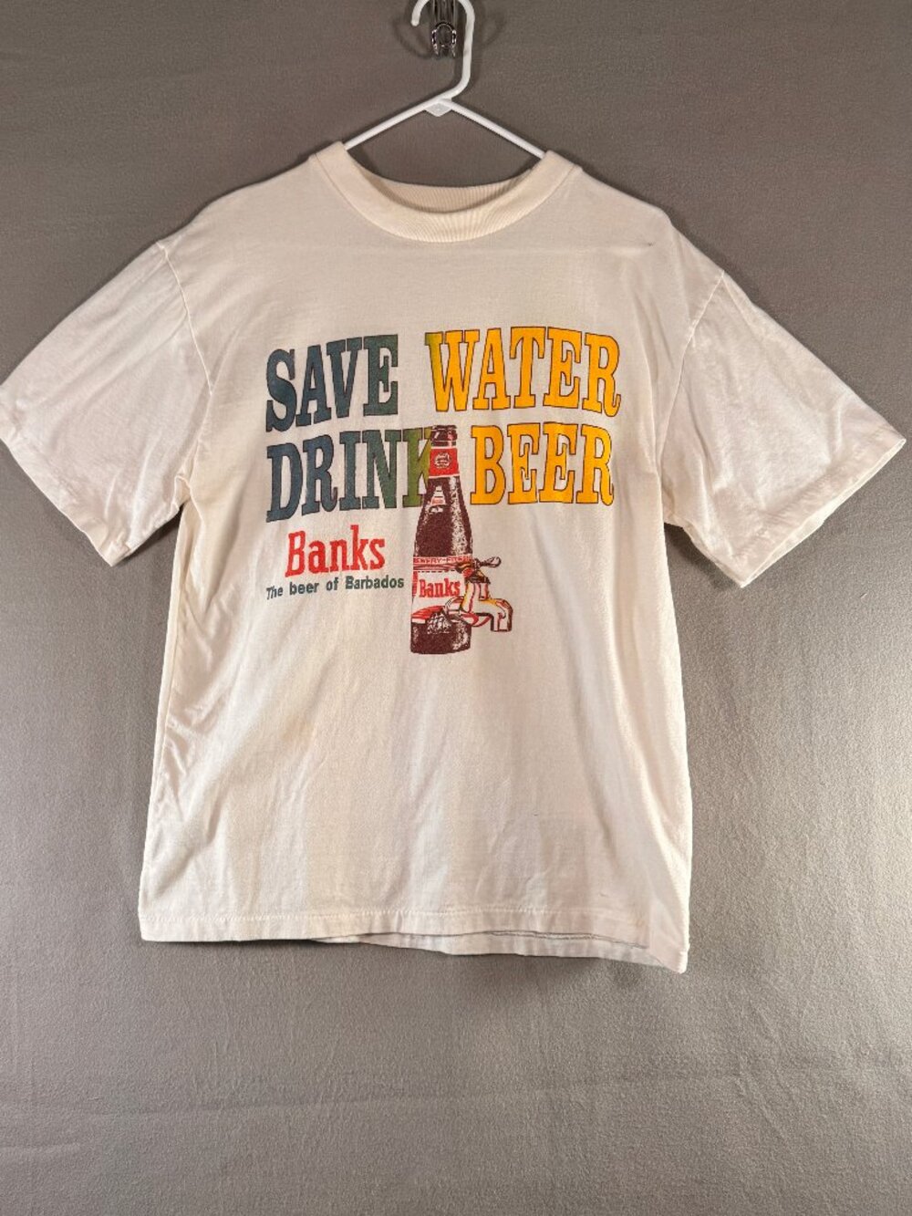 Vtg Size L Banks Beer White T-Shirt Save Water Drink Beer Barbados Single Stitch